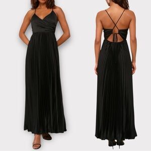 NWOT Lulus Precious Sentiments Black Satin Pleated Tie-Back Maxi Dress Size S
